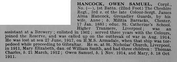 Hancock O S Cpl 1st Cheshire Regiment