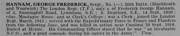 Hannam G F Sergt 20th London Regiment (Blackheath And Woolwich)