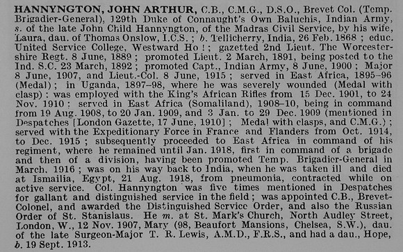 Hannyngton J A Brevet Col CB CMG DSO Indian Army
