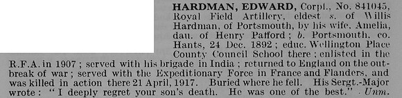 Hardman E Cpl 841045 Royal Field Artillery