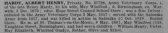 Hardy A H Pte 27728 Army Veterinary Corps