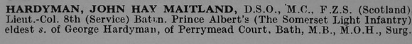 Hardyman J H M Lt Col 8th Somerset Light Infantry Obit Part 1