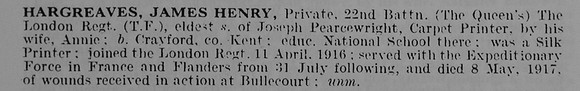 Hargreaves J H Pte 22nd London Regiment (The Queens)