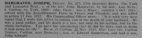 Hargreaves J Pte 473 13th York And Lancaster Regiment