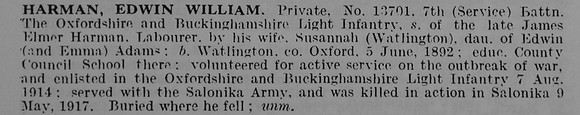 Harman E W Pte 13791 7th Oxford And Bucks Light Infantry