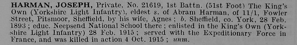 Harman J Pte 21619 1st King's Own Yorkshire Light Infantry