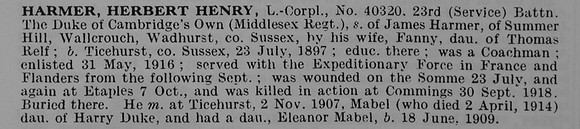 Harmer H H L/Cpl 40320 23rd Middlesex Regiment