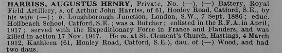 Harriss A H Pte Royal Field Artillery