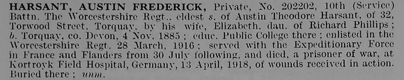 Harsant A F Pte 202202 10th Worcestershire Regiment