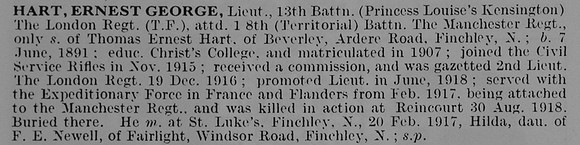 Hart E G Lt 13th London Regiment (Kensington)