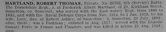 Hartland R T Pte 20702 6th Dorsetshire Regiment