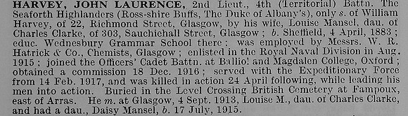 Harvey J L 2nd Lt 4th Seaforth Highlanders