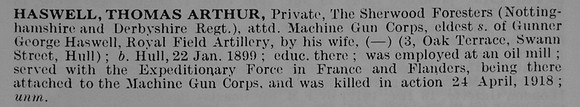 Haswell T A Pte Notts And Derby Regiment Attd Machine Gun Corps