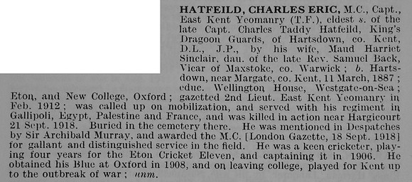 Hatfield C E Captain MC East Kent Yeomanry