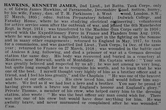 Hawkins K J 2nd Lt Tank Corps