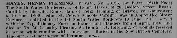 Hayes H F Pte 50136 1st South Wales Borderers