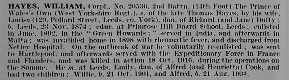 Hayes W Cpl 20536 2nd West Yorkshire Regiment