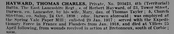 Hayward T C Pte 203423 4th East Lancs Regiment