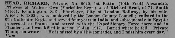 Head R Pte 9049 1st Yorkshire Regiment