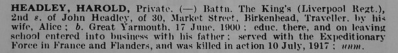 Headley H Pte King's Liverpool Regiment Trans Hampshire Regiment