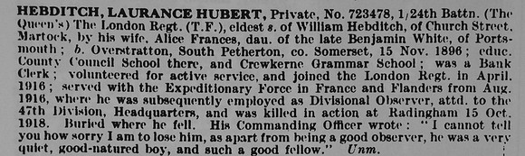 Hebditch L H Pte 723478 24th London Regiment