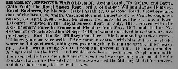 Hemsley S H Acting Cpl MM 202190 2nd Royal Sussex Regiment