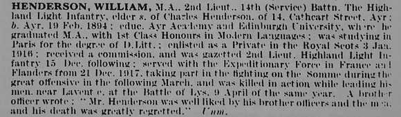 Henderson W 2nd Lt 14th Highland Light Infantry