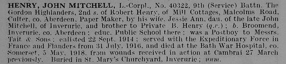 Henry J M L/Cpl 40322 9th Gordon Highlanders