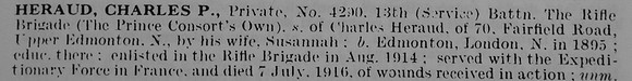 Heraud C P Pte 4290 13th Rifle Brigade