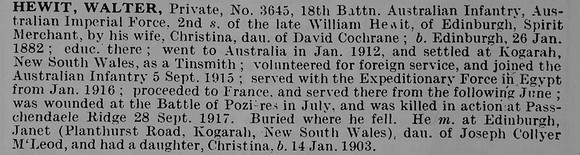 Hewit W Pte 3645 18th Australian Infantry