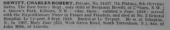 Hewitt C R Pte 34437 8th East Surrey Regiment