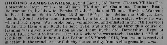 Hidding J L 2nd Lt 3rd Dorset Regiment