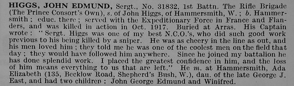 Higgs J E Sergt 31832 1st Rifle Brigade