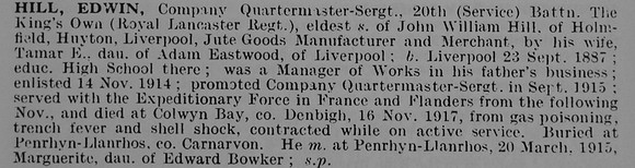 Hill E Coy Qtr Mst Sergt 20th King's Liverpool Regiment