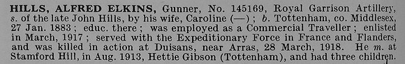 Hills A E Gnr 145169 Royal Garrison Artillery