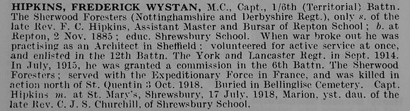 Hipkins F W Captain MC 6th Notts And Derby Regiment