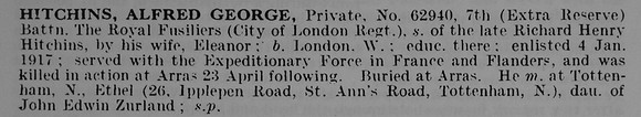 Hitchins A G Pte 62940 7th Royal Fusiliers