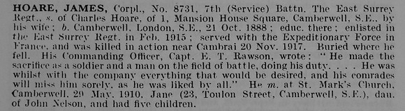 Hoare J Cpl 8731 7th East Surrey Regiment
