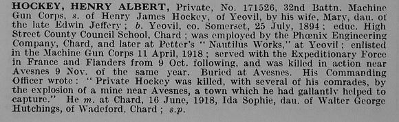 Hockey H A Pte 171526 Machine Gun Corps