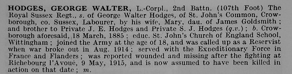 Hodges G W L/Cpl 2nd Royal Sussex Regiment