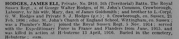 Hodges J E Pte 2810 5th Royal Sussex Regiment