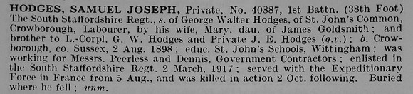 Hodges S J Pte 40887 1st South Staffs Regiment