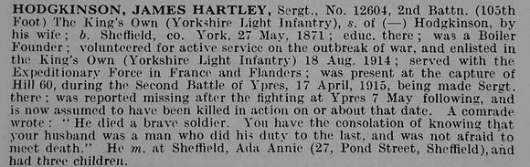 Hodgkinson J H Sergt 12604 King's Own Yorkshire Light Infantry