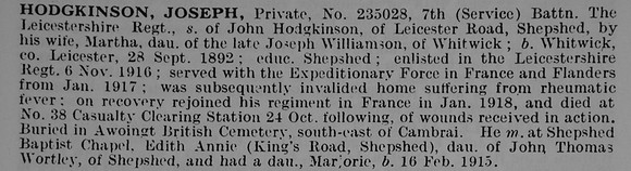Hodgkinson J Pte 235028 7th Leicestershire Regiment