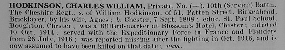 Hodkinson C W Pte 10th Cheshire Regiment