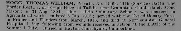 Hogg T W Pte 17463 11th Border Regiment
