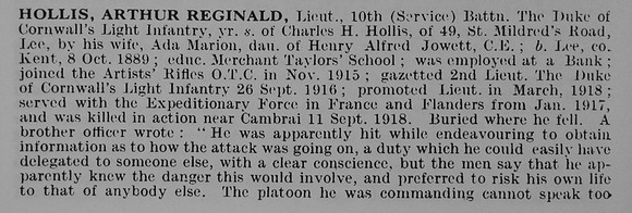 Hollis A R Lt 10th Duke Of Cornwall's Light Infantry Obit Part 1