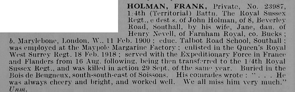 Holman F Pte 23987 4th Royal Sussex Regiment