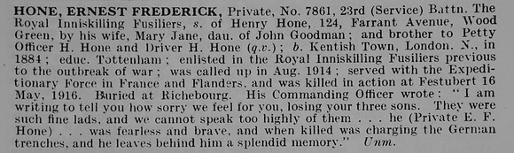 Hone E F Pte 7861 23rd Royal Inniskilling Fusiliers