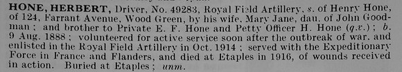 Hone H Dvr 49283 Royal Field Artillery